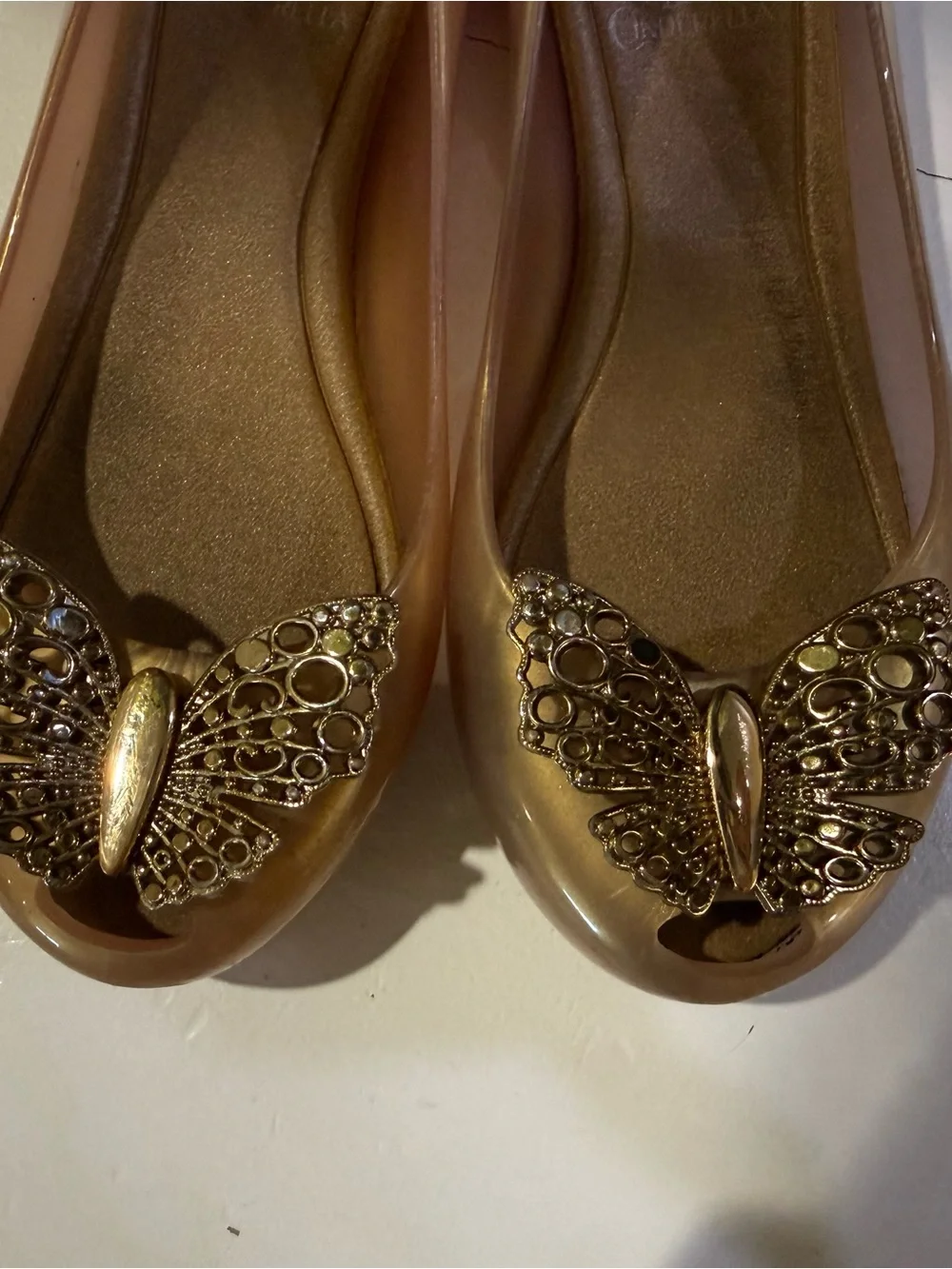 Melissa Rose Gold Ballet Flats with Gold Butterfly Accent